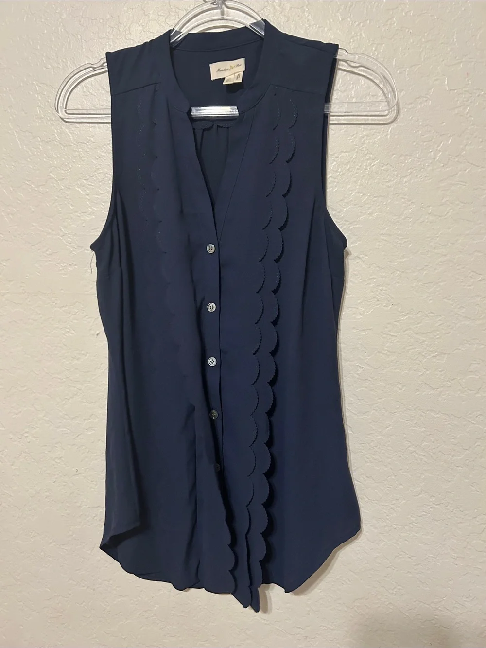 🧩Meadow Rue Anthropologie Sleeveless Scallop-Trim Button Front Navy size 0 GUC